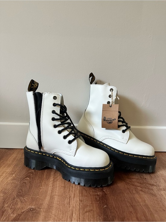 Dr. Martens Shoes - Dr. Martens White Leather Platform Lace-Up Boots with Black Sole